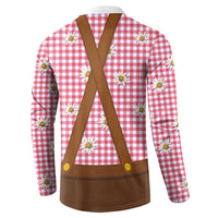 Traditional German Costume - Lederhosen and Soft Pretzel Button Sweatshirt Blue Plaid Pattern with Edelweiss Flowers