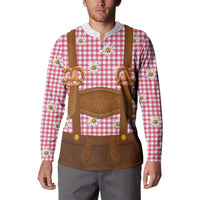 Traditional German Costume - Lederhosen and Soft Pretzel Button Sweatshirt Blue Plaid Pattern with Edelweiss Flowers