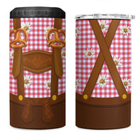 Traditional German Costume - Lederhosen and Soft Pretzel 4 in 1 Can Cooler Tumbler Blue Plaid Pattern with Edelweiss Flowers