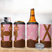 Traditional German Costume - Lederhosen and Soft Pretzel 4 in 1 Can Cooler Tumbler Blue Plaid Pattern with Edelweiss Flowers