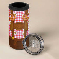 Traditional German Costume - Lederhosen and Soft Pretzel 4 in 1 Can Cooler Tumbler Blue Plaid Pattern with Edelweiss Flowers