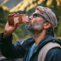 Traditional German Costume - Lederhosen and Soft Pretzel 4 in 1 Can Cooler Tumbler Blue Plaid Pattern with Edelweiss Flowers