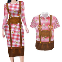Traditional German Costume - Lederhosen and Soft Pretzel Couples Matching Long Sleeve Bodycon Dress and Hawaiian Shirt Blue Plaid Pattern with Edelweiss Flowers