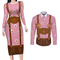 Traditional German Costume - Lederhosen and Soft Pretzel Couples Matching Long Sleeve Bodycon Dress and Long Sleeve Button Shirt Blue Plaid Pattern with Edelweiss Flowers