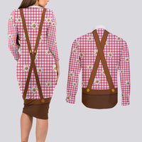 Traditional German Costume - Lederhosen and Soft Pretzel Couples Matching Long Sleeve Bodycon Dress and Long Sleeve Button Shirt Blue Plaid Pattern with Edelweiss Flowers