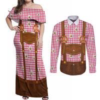 Traditional German Costume - Lederhosen and Soft Pretzel Couples Matching Off Shoulder Maxi Dress and Long Sleeve Button Shirt Blue Plaid Pattern with Edelweiss Flowers