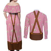 Traditional German Costume - Lederhosen and Soft Pretzel Couples Matching Off Shoulder Maxi Dress and Long Sleeve Button Shirt Blue Plaid Pattern with Edelweiss Flowers