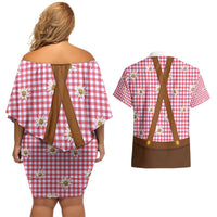 Traditional German Costume - Lederhosen and Soft Pretzel Couples Matching Off Shoulder Short Dress and Hawaiian Shirt Blue Plaid Pattern with Edelweiss Flowers