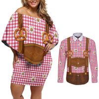 Traditional German Costume - Lederhosen and Soft Pretzel Couples Matching Off Shoulder Short Dress and Long Sleeve Button Shirt Blue Plaid Pattern with Edelweiss Flowers
