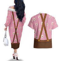Traditional German Costume - Lederhosen and Soft Pretzel Couples Matching Off The Shoulder Long Sleeve Dress and Hawaiian Shirt Blue Plaid Pattern with Edelweiss Flowers