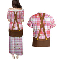 Traditional German Costume - Lederhosen and Soft Pretzel Couples Matching Puletasi and Hawaiian Shirt Blue Plaid Pattern with Edelweiss Flowers