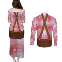 Traditional German Costume - Lederhosen and Soft Pretzel Couples Matching Puletasi and Long Sleeve Button Shirt Blue Plaid Pattern with Edelweiss Flowers