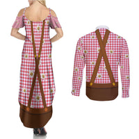 Traditional German Costume - Lederhosen and Soft Pretzel Couples Matching Summer Maxi Dress and Long Sleeve Button Shirt Blue Plaid Pattern with Edelweiss Flowers
