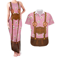 Traditional German Costume - Lederhosen and Soft Pretzel Couples Matching Tank Maxi Dress and Hawaiian Shirt Blue Plaid Pattern with Edelweiss Flowers