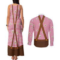 Traditional German Costume - Lederhosen and Soft Pretzel Couples Matching Tank Maxi Dress and Long Sleeve Button Shirt Blue Plaid Pattern with Edelweiss Flowers