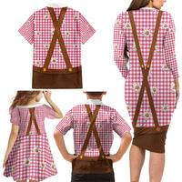 Traditional German Costume - Lederhosen and Soft Pretzel Family Matching Long Sleeve Bodycon Dress and Hawaiian Shirt Blue Plaid Pattern with Edelweiss Flowers
