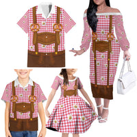 Traditional German Costume - Lederhosen and Soft Pretzel Family Matching Off The Shoulder Long Sleeve Dress and Hawaiian Shirt Blue Plaid Pattern with Edelweiss Flowers