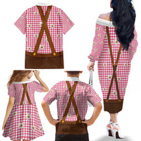 Traditional German Costume - Lederhosen and Soft Pretzel Family Matching Off The Shoulder Long Sleeve Dress and Hawaiian Shirt Blue Plaid Pattern with Edelweiss Flowers
