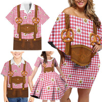 Traditional German Costume - Lederhosen and Soft Pretzel Family Matching Off Shoulder Short Dress and Hawaiian Shirt Blue Plaid Pattern with Edelweiss Flowers