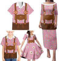 Traditional German Costume - Lederhosen and Soft Pretzel Family Matching Puletasi and Hawaiian Shirt Blue Plaid Pattern with Edelweiss Flowers