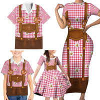 Traditional German Costume - Lederhosen and Soft Pretzel Family Matching Short Sleeve Bodycon Dress and Hawaiian Shirt Blue Plaid Pattern with Edelweiss Flowers