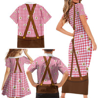 Traditional German Costume - Lederhosen and Soft Pretzel Family Matching Short Sleeve Bodycon Dress and Hawaiian Shirt Blue Plaid Pattern with Edelweiss Flowers