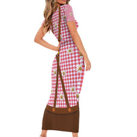 Traditional German Costume - Lederhosen and Soft Pretzel Family Matching Short Sleeve Bodycon Dress and Hawaiian Shirt Blue Plaid Pattern with Edelweiss Flowers