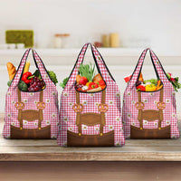 Traditional German Costume - Lederhosen and Soft Pretzel Grocery Bag Blue Plaid Pattern with Edelweiss Flowers