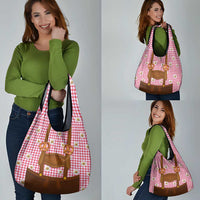 Traditional German Costume - Lederhosen and Soft Pretzel Grocery Bag Blue Plaid Pattern with Edelweiss Flowers