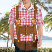 Traditional German Costume - Lederhosen and Soft Pretzel Hawaiian Shirt Blue Plaid Pattern with Edelweiss Flowers