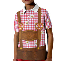 Traditional German Costume - Lederhosen and Soft Pretzel Kid Polo Shirt Blue Plaid Pattern with Edelweiss Flowers