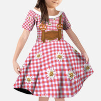 Traditional German Costume - Lederhosen and Soft Pretzel Kid Short Sleeve Dress Blue Plaid Pattern with Edelweiss Flowers