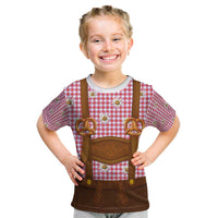Traditional German Costume - Lederhosen and Soft Pretzel Kid T Shirt Blue Plaid Pattern with Edelweiss Flowers