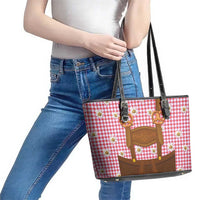 Traditional German Costume - Lederhosen and Soft Pretzel Leather Tote Bag Blue Plaid Pattern with Edelweiss Flowers