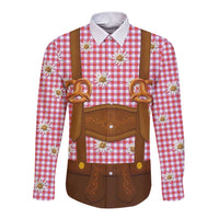 Traditional German Costume - Lederhosen and Soft Pretzel Long Sleeve Button Shirt Blue Plaid Pattern with Edelweiss Flowers