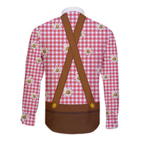 Traditional German Costume - Lederhosen and Soft Pretzel Long Sleeve Button Shirt Blue Plaid Pattern with Edelweiss Flowers