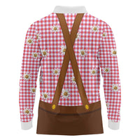 Traditional German Costume - Lederhosen and Soft Pretzel Long Sleeve Polo Shirt Blue Plaid Pattern with Edelweiss Flowers