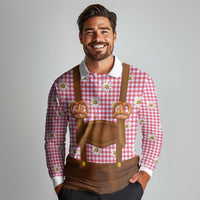 Traditional German Costume - Lederhosen and Soft Pretzel Long Sleeve Polo Shirt Blue Plaid Pattern with Edelweiss Flowers