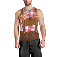 Traditional German Costume - Lederhosen and Soft Pretzel Men Tank Top Blue Plaid Pattern with Edelweiss Flowers
