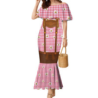 Traditional German Costume - Lederhosen and Soft Pretzel Mermaid Dress Blue Plaid Pattern with Edelweiss Flowers