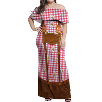 Traditional German Costume - Lederhosen and Soft Pretzel Off Shoulder Maxi Dress Blue Plaid Pattern with Edelweiss Flowers