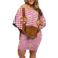 Traditional German Costume - Lederhosen and Soft Pretzel Off Shoulder Short Dress Blue Plaid Pattern with Edelweiss Flowers