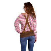 Traditional German Costume - Lederhosen and Soft Pretzel Off Shoulder Sweater Blue Plaid Pattern with Edelweiss Flowers