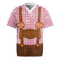 Traditional German Costume - Lederhosen and Soft Pretzel Rugby Jersey Blue Plaid Pattern with Edelweiss Flowers