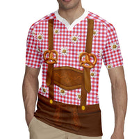 Traditional German Costume - Lederhosen and Soft Pretzel Rugby Jersey Blue Plaid Pattern with Edelweiss Flowers