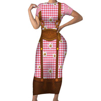 Traditional German Costume - Lederhosen and Soft Pretzel Short Sleeve Bodycon Dress Blue Plaid Pattern with Edelweiss Flowers