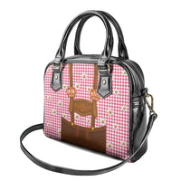 Traditional German Costume - Lederhosen and Soft Pretzel Shoulder Handbag Blue Plaid Pattern with Edelweiss Flowers