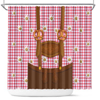 Traditional German Costume - Lederhosen and Soft Pretzel Shower Curtain Blue Plaid Pattern with Edelweiss Flowers