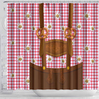Traditional German Costume - Lederhosen and Soft Pretzel Shower Curtain Blue Plaid Pattern with Edelweiss Flowers