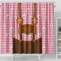 Traditional German Costume - Lederhosen and Soft Pretzel Shower Curtain Blue Plaid Pattern with Edelweiss Flowers